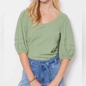 NATION LTD Nigella Scoop Neck Top Sage Green Puff Sleeves Pima Cotton Sz XS